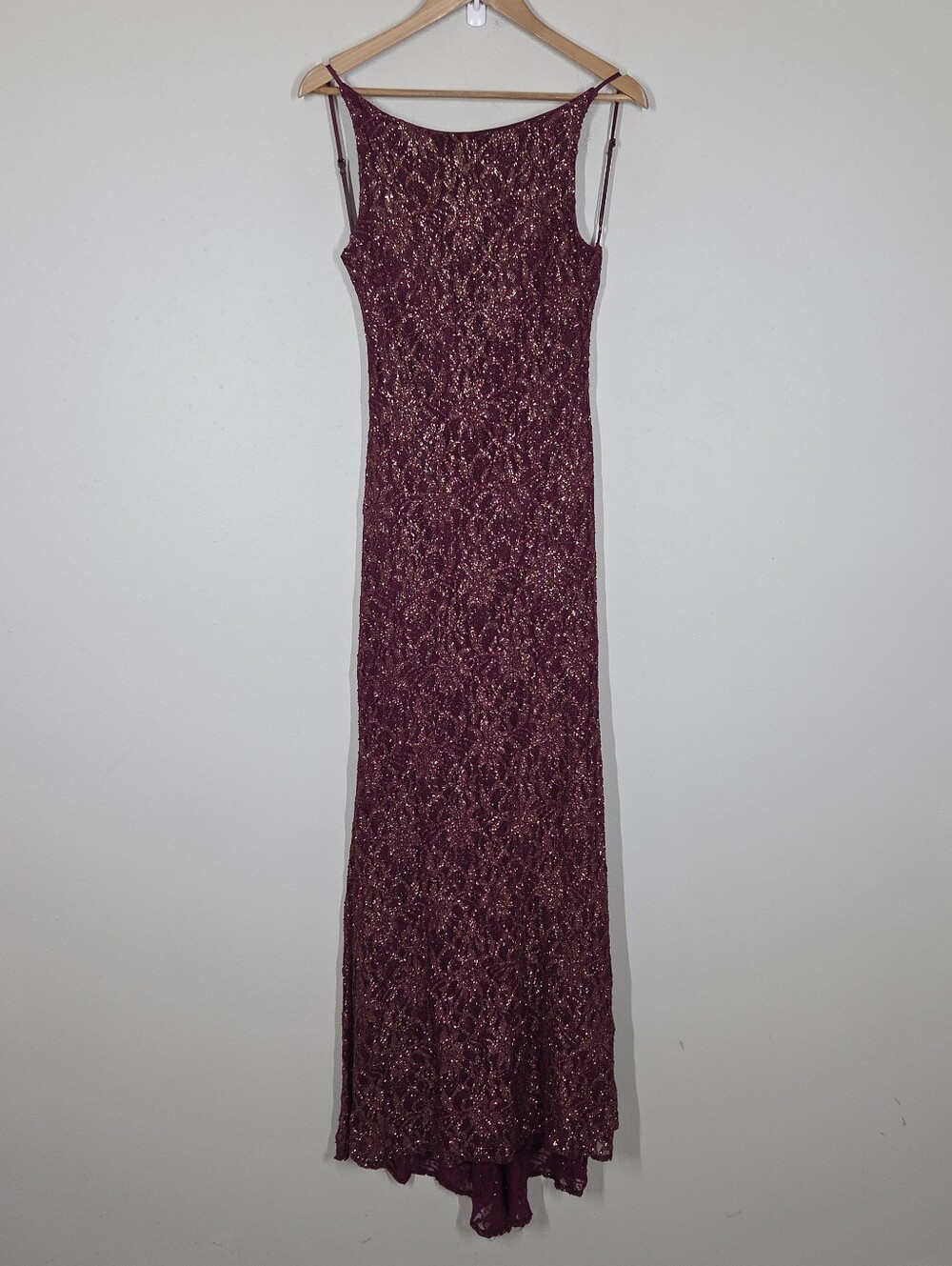 Vtg Y2K B Darlin Burgundy Lace Shimmer Maxi Gown Open Back 11/12 Whimsigoth